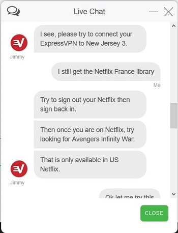 Live Chat ExpressVPN problème de Netflix bloqué