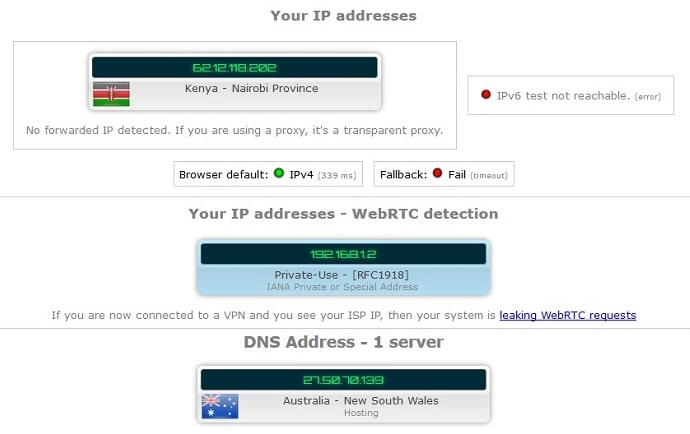 Tests de fuites IP, DNS et WebRTC CyberGhost avec IPLeak