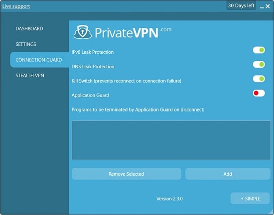 Option Connection Guard PrivateVPN application Windows