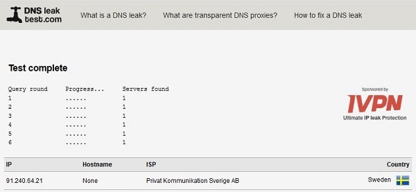 Test de fuites DNS PrivateVPN sur DNSleatest