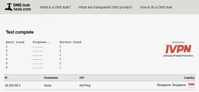 Test de fuites DNS DNSleaktest PureVPN