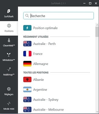 Liste des positions géographiques des serveurs Surfsark app Windows