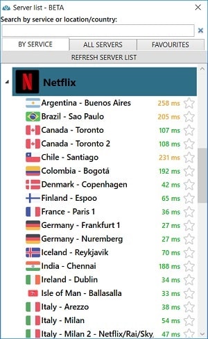 Liste de 50 serveurs pour Netflix PrivateVPN