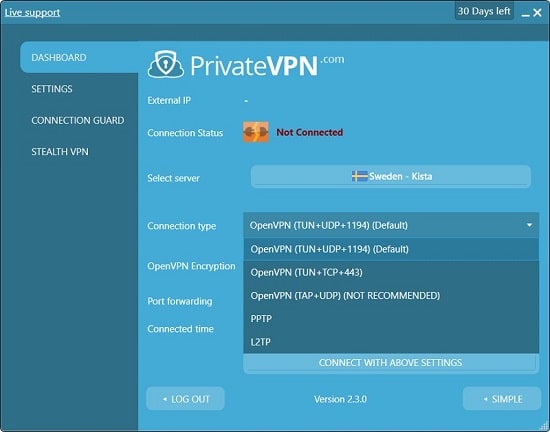 Option Dashboard PrivateVPN application Windows