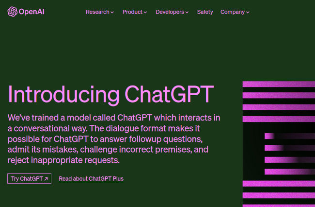 Présentation de ChatGPT en page d'accueil OpenAI